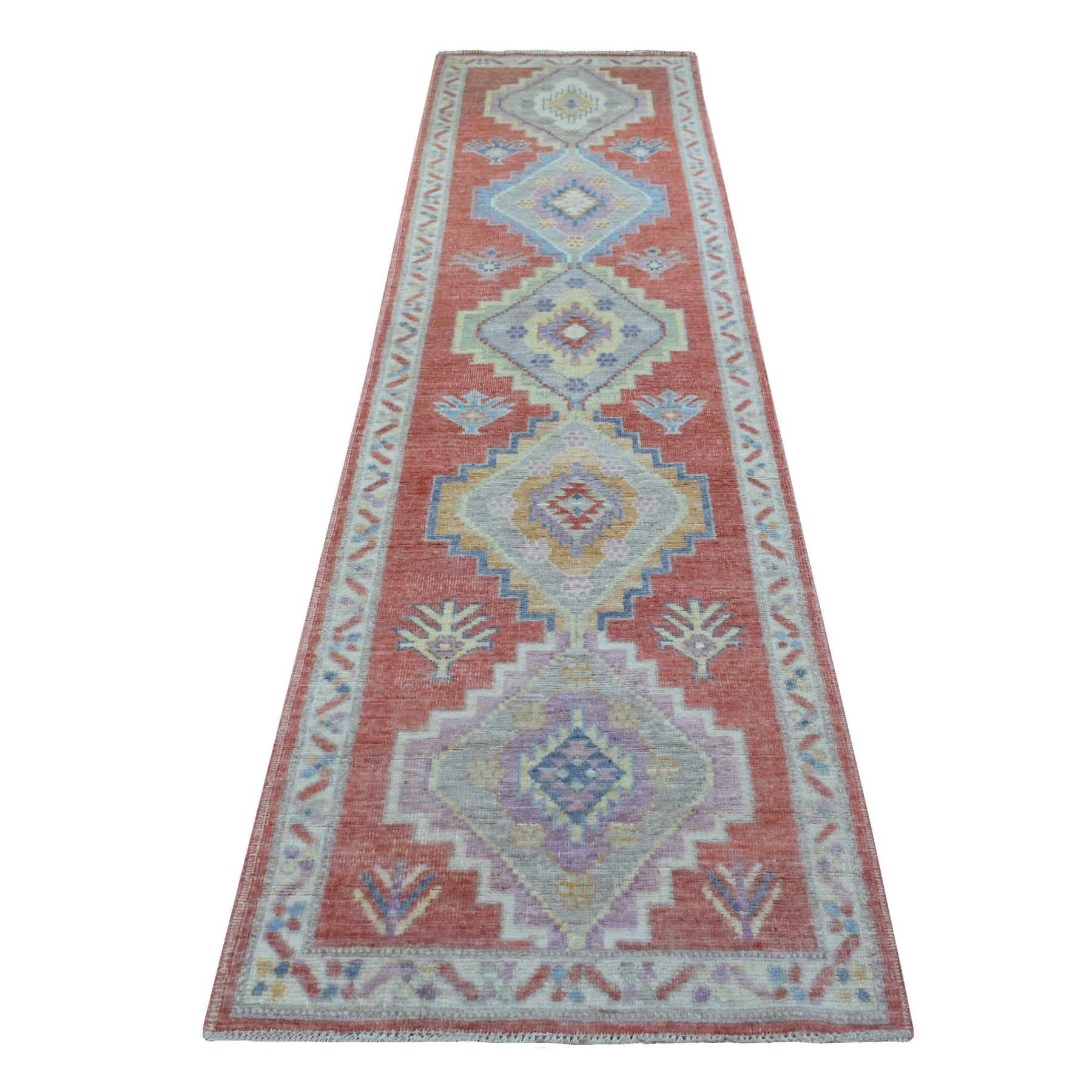 2'9"x10'5" Coral Pink Soft Wool Hand Knotted Angora Oushak with Serrated Medallions Design Oriental Runner Rug 